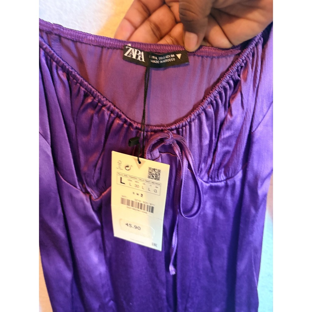 Zara Purple Satin Ruched Mini Dress Long Sleeve Sweetheart Tie NWT Large - Picture 5 of 8
